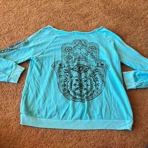 Vintage Havana turquoise sweatshirt with HAMSA on back & right sleeve "cut" neck